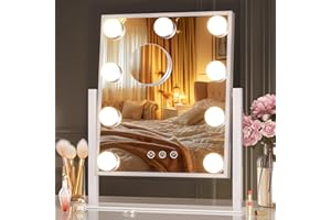 Hasipu Hollywood Vanity Mirror with Lights, 10" x 12" Lighted Makeup Mirror with 3 Lighting Modes Touch Screen Control, 9 Dimmable LED Bulbs and 10X Magnification 360°Ratation, Cosmetic Mirror (White)