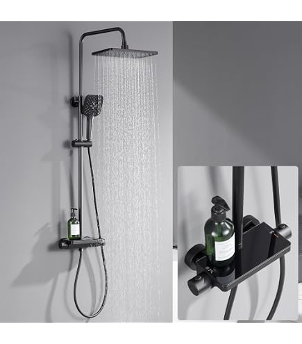 MocArt Thermostat Duschsystem Mit 5 Funktionen – Regendusche, Handbrause, Rückenmassage, Spritzpistole & Wasserfallauslauf (Metallic Grau)