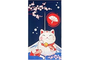 LIGICKY Noren Doorway Curtain Japanese Style Traditional Mountain Fuji Lucky Cat Cherryblossom Printed Cotton Linen Window Treatment Door Tapestry for Home Decoration 85 x 150 cm,Navy Blue