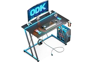 ODK Gaming Desk with LED Lights & Power Outlet, Gaming Table with Cup Holder and Headphone Hook, Double Z Frame Design Computer Desk Carbon Fiber Black 80 cm