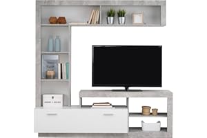 AVANTI TRENDSTORE - Glendo - Parete multimediale in legno laminato nel colore grigio cemento e bianco con tanti vani aperti e una porta a ribalta. Dimensioni LAP 171x171x42 cm