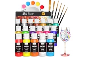 Nicpro 18 couleurs kit de peinture pour vitrail, 30 ml, peinture acrylique imperméable, pour créations artistiques sur verres à vin transparents, bocaux, fenêtres, avec 6 pinceaux et une palette