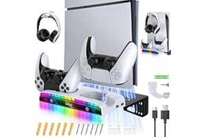 Gorixer RGB-Wandhalterung für PS5 Slim/Pro-Spielkonsole mit Ladestation - Stabiler Metallständer mit Controller-Ladegerät und Headset-Halterung & 3 USB-Hubs für Playstation 5 Disc & Digital