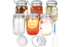 VORHOT 6 sztuk słoików Mason Jar, słoiki na przetwory o pojemności 500 ml z hermetyczną pokrywką i 2 pokrywkami ze słomką, Prep na domowy dżem, przetwory, płatki owsiane na noc, sok