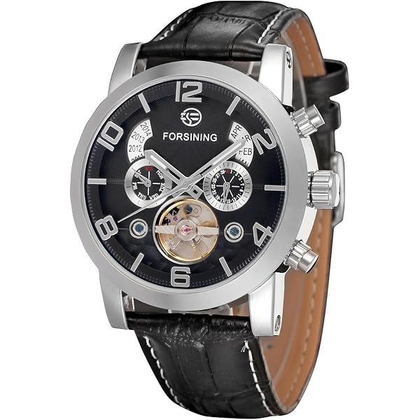Orologio Automatico Da Uomo FORSINING Scheletrato Tourbillon - Quadrante Grande Nero E Argento - Impermeabile 30m