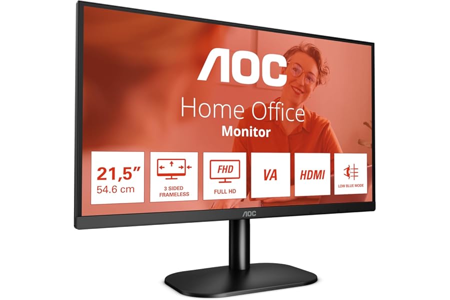 AOC 22B2H - 22 inch FHD Monitor, 75Hz, VA, 7ms Frameless design, Tilt, lowBlue Mode, Flicker Free (1920 x 1080 @ 75Hz, HDMI/VGA)