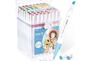 Ohuhu Marcadores de Agua, 64 Colores Rotuladores Doble Punta para Niños y Adultos, para Cómics, Manga,Dibujar, Coloración, con 1 Batidora Incolora y Maletín de Transporte, Inodoro & Lavable