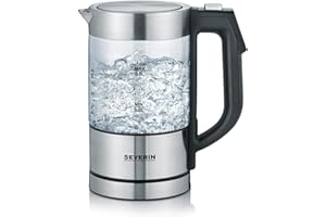 SEVERIN Bouilloire en verre 100% sans BPA, 1 100 W, Petite bouilloire réglable par palier de 5°C, Capacité : 0,5 L, Fonction Maintien au chaud, Bouilloire électrique compacte, verre/inox, WK 3458