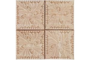 Wifehelper 4 Unids Talla A Cuadros Apliques Sin Pintar Calcomanía para Muebles Decoración Apliques de Madera Natural Cuadrado Flor Talla Calcomanías Arte de Madera Decorativo 6x6cm (2#)