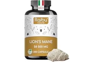 Lions Mane 58.500mg (Estratto 30:1) ad Alto Dosaggio - Hericium Erinaceus con Pepe Nero e Vitamina C - 30% Polisaccaridi, 5% Beta-Glucani - Criniera di Leone, Testato in Laboratorio - Raibu