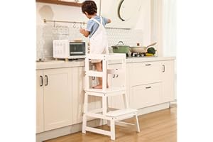 WIIFO Kids Kitchen Step Stool for Kids with Safety Rail, Solid Wood Construction Toddler Learning Stool Tower,Montessori Kitchen (White)