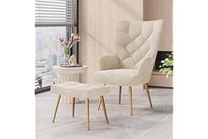Aivermeil Armchair Tub Chair,with Footstool,High back with gold legs Comfy,Velvet Chair, for Bedrooms, Living rooms,Relaxation,150kg Load Capacity Beige