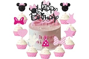 MEETYOURS 28 Stück Mouse Tortendeko Geburtstag Glitzernde Mouse Torten Deko Rosa Schleife Cake Topper Geeignet für Cupcake Kuchen Geburtstag Kuchen Deko Mädchen Kinder Cartoon Party Dekorationen