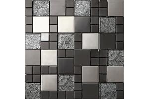 Grand Taps Hong Kong Black Silver Glass & Brushed Stainless Steel Mix Mosaic Tile (MT0002) (1 Sheet)