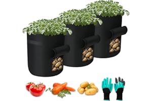 Helterfolg Potato Grow Bag, Plant Grow Bags with Strap Handles and Access Flap, Garden Growing Bag with Garden Gloves for Potatoes and Other Vegetables (3-Packs 10 Gallon)