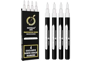 Pinturale Arts® Pennarello Gesso Liquido Bianco | Set 4 Pennarelli Gesso Liquido Cancellabili | Punta Extra Fine 1 mm | Pennarelli Lavabili Per Vetro, Per Lavagna Nera, Cancellabile A Secco