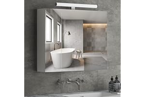 ‎DICTAC Spiegelschrank Bad mit Beleuchtung und Steckdose und lichtschalter 70x15x60cm(BxTxH), badezimmer, 3 Türen,Wandspiegel, Hängeschrank, Badspiegel, Badschrank mit Spiegel,Weiß