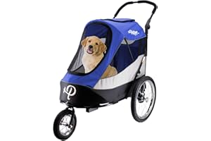 Petique Trailblazer Jogger Hundebuggy für mittelgroße Hunde & Katzen – luftgefüllte Reifen, 3 Leinen, Peek-a-Boo-Fenster, faltbar, großer Stauraum – Blau Haustierwagen
