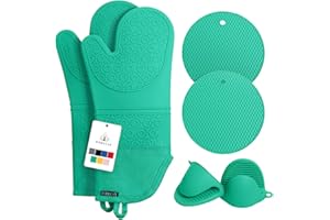 Rorecay Ofenhandschuhe & Topflappen Set - Extra Lange Küchenhandschuhe aus Silikon mit Mini-Schnapphandschuhen und Topflappen für die Küche zum Backen, Kochen oder Grillen 6er-Pack, Grau