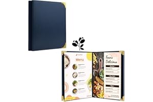 GLIMVILO Lot de 2 Porte-Menus A4 en Simili Cuir Noir – 2 Pages 4 Vues – Porte-Menu en Cuir Durable – Protège-Menu avec Coins Dorés pour Bars, Brasseries, Restaurants