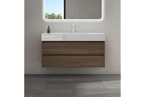 doporro Mobile Bagno Sospeso Mobiletto Sottolavabo da 120 cm Rovere Marrone con Lavabo Integrato, Set Mobili Include Lavandino in Marmoresina e 2 Cassetti Soft Close Montaggio a Parete Serie Deep