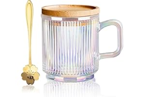 Yalucky Mug en Verre Transparent Irisé Avec Couvercle et Cuillère,Mugs à Thé,Tasse à Café en Verre,Joli Mug pour Lait,Boisson Lactée,Chocolat,Jus et eau pour Femmes et Hommes,Anniversaire,Noël