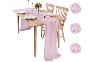 KESFEY 3Packs Pink Cheesecloth Table Runner 35"x157", 13FT Long Gauze Table Runner Boho for Wedding, Festive Decorations and Large Parties(90x400cm)