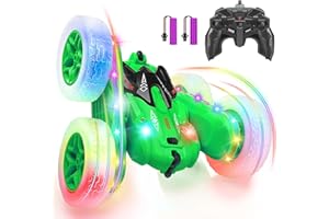 SGILE Remote Control Stunt Car With Sides Light Strip and Headlights, 2.4Ghz Double Sided 360 Flips Rotating RC Toy for Boys Girls Birthday Gift, Green
