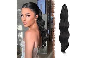 FESHFEN Coda Capelli Extension con Pinza, Lunga Ondulato Coda di Cavallo Clip Extension Nero Sporco Coda Finta Sintetico Posticci Ponytail per Donna 50 cm