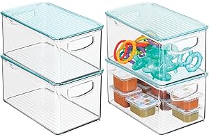 mDesign Juego de 4 cestas organizadoras con tapa para habitación infantil – Caja para juguetes con prácticas asas – Espacioso contenedor plástico sin BPA para pañales y más – transparente/azul claro