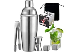 CKductpro Cocktail Shaker Set, 6 Pcs Stainless Steel Bartender Kit with 2 Ice Stone Measuring Jigger Cocktail Spoon velvet bag, Cocktail Making Set Bar Tool Kit for Home Party Birthday, Anniversary