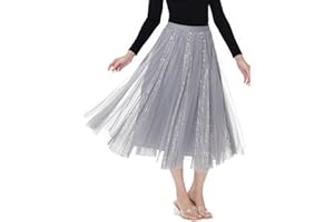 GroYolan Falda de Tul Mujer Midi Cintura Alta con Lentejuelas Falda Tutú Elegante Efecto Brillo Corte A Evasé, para Fiesta cóctel graduación Boda y Eventos