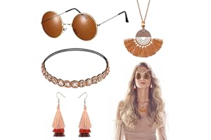 AUIRSHIKY 4 Pièces Déguisements Hippie Femme, Comprenant Bandeau Boho Lunettes de Soleil Rondes Vintage Collier Plumes Boucles d'Oreilles à Franges. Années 70 80 Accessoires Hippie