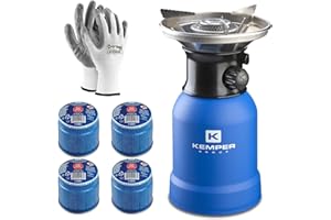 HYTAMA TOOLS Fornello Fornellino a gas da campeggio Kemper KE2008 Accensione PiezoElettrica e piattello Antivento, Kit con 4 Cartucce ricambio 1120S1 pronte all'uso e Guanti in nitrile