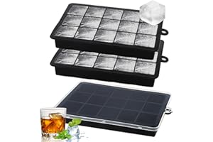 EULERYOO 3 silikonowe formy do kostek lodu, elastyczne foremki do lodu z pokrywką, duże kwadratowe kostki lodu do koktajli, whisky, wina, owoców, przecierów owocowych, lodów, mrożonej herbaty, czarne