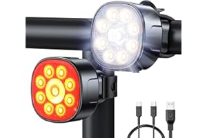 Babacom Lumiere Velo [Spot & Faisceau d'Inondation], Éclairage Vélo Avant et Arrière Rechargeable USB, 8+7 Modes Lampe Velo Moto LED Puissantes Étanche IP65 pour VTT, Trotinette Electrique, Jour/Nuit