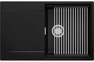 Evier Cuisine en Granit Noir, 78 x 50 cm, Lavabo 1 bac + Kit de Vidage + égouttoir enroulable, Évier à Encastrer de Primagran