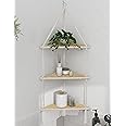 Mazjoaru Hanging Corner Shelf Wood Wall Shelves 3-Tier, Boho Hanging Wall Real Wood Natural Floating Shelf Macrame Chic Decoration Plant Stand for Kitchen Bedroom Living Room