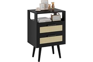YMYNY Mesita de Noche de Ratán, Mesa Auxiliar, Mesa de café, Mesilla de Noche con 2 Cajónes, Comoda Boho, Piernas de Madera Maciza, 39x29x59 cm, para Dormitorio, Oficina, Salón, Negro HST015B