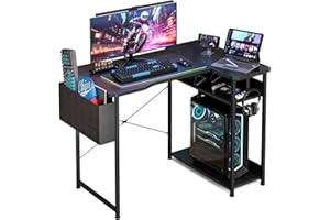 Acrolix L Shaped Gaming Desk, 100x70CM Computer Desk with Storage Bag, Anti-Fall Shelves, Reversible PC Desk Writing Workstation Small Corner Desk for Gamer Work Home Office, Black