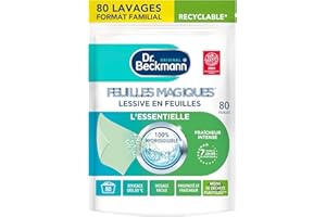 Dr. Beckmann - Lessive en feuilles L'ESSENTIELLE - Feuilles Magiques - Désinfectant Linge Pré-Dosé, Pratique et Léger - 100% Hydrosoluble - Produit Ménager Maison Facile à Utiliser - 80 Feuilles