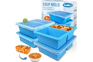 Walfos Plateau de congélation extra large en silicone avec couvercle, 4 paquets de moules à soupe et congélateur pour stocker et congeler la soupe, le bouillon, la sauce et la glace.