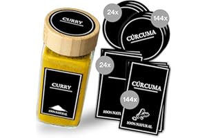 COMFORDER Etiquetas de Especias en Español Negro – Juego de 336 Etiquetas Adhesivas: 168 Rectangulares y 168 Redondas, Incluye 48 Etiquetas Vacías y Rotulador Blanco | Etiquetas Impermeables para Tarros y Botes