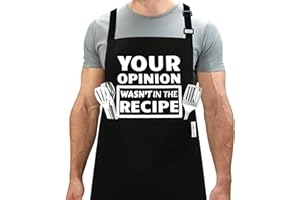 LINEN CLOSET® Bbq Apron for Men Funny Aprons for Women Chef Grilling Novelty Barbecue Aprons Kitchen Cooking Gift Black Apron with 2 Pockets-your opinion wasn't in the recipe apron