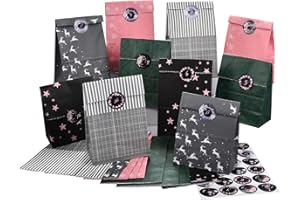 PANSIBY Adventskalender zum Befüllen, 24 Weihnachtskalender Geschenk Papiertüten Groß zum Selber Befüllen, Kraftpapiertüten Advents Tüten Selbstbefüllen mit Aufkleber für Kinder Mädchen und Frauen