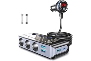 CHGEEK Cigarette Lighter Usb Charger,Cigarette Lighter Adapter Splitter, 120W Multi Socket Car Charger Splitter 4 USB Ports Fast Charging Power Outlet (Grey with PD 65W)