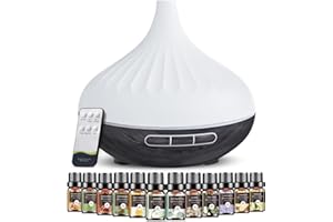 AESHORY Diffusore di Oli Essenziali 500 Ml, Profumatore per Ambienti con Oli Essenziali 12 X 5 Ml, Ultrasuoni Umidificatore Ambiente per Aromaterapia Elettrico con Telecomando, 4 Timer e 7 Colori LED