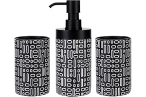 Suanti Bathroom Accessories Set 3Pcs,Resin Soap Dispenser Set with Dual Tumblers (Toothbrush Holder),Black&White Geometric Patterns Bathroom Accessories Organiser for Modern Farmhouse and Home Decor