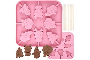 CRETHINKATY 1 Moule à Sucettes en Silicone - 8 Cavités d'arbre de Noël, Renne, Bonhomme de Neige et Père Noël - Moules à Sucettes pour Chocolat, Bonbons, Gelée avec 20 Bâtonnets