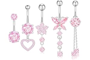hautllaif 5Pcs Belly Button Bars Set Stainless Steel Dangly Belly Button Rings Hypoallergenic Belly Bars 14G Heart Bow Navel Piercing Jewelry for Women Girls - Belly Bar Collection
